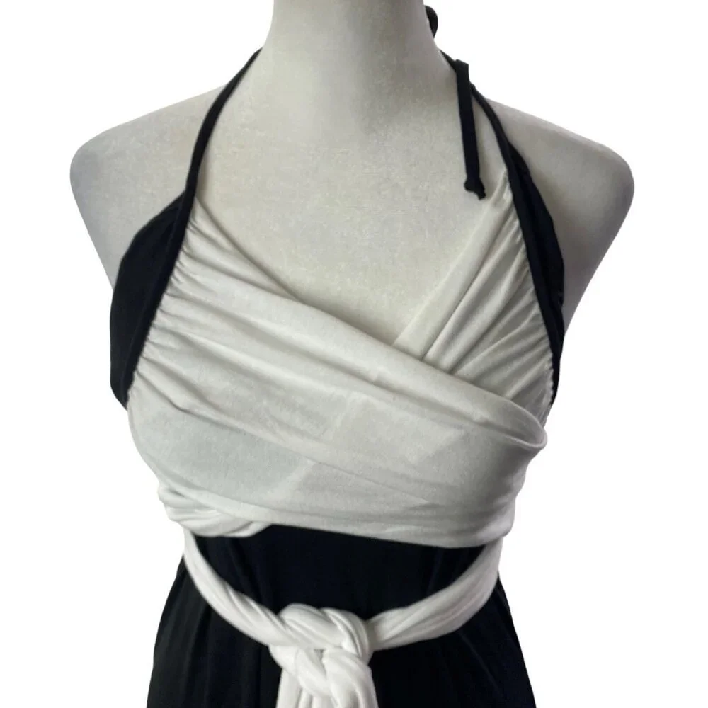 VENUS Women Maxi Dress Size L Black‎ White Halter Wrap Detail Unique 4-8